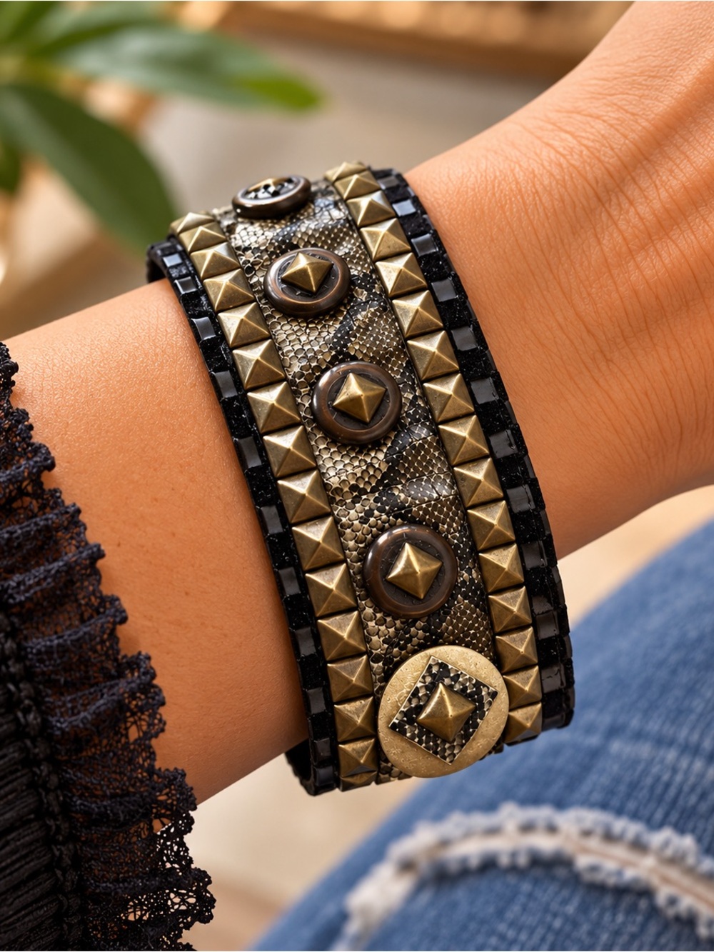 Handmade Studded Cuff Bracelet Black Bronze | Boho Rocker Statement Jewelry
